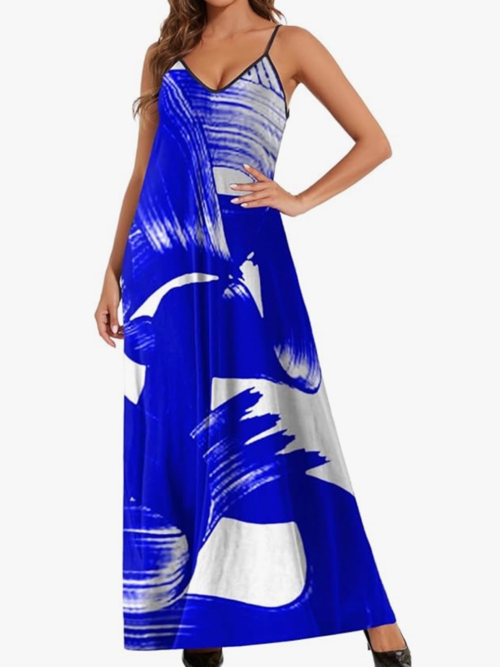 Chic Nation Blue & White Brushstroke Maxi Slip Dress